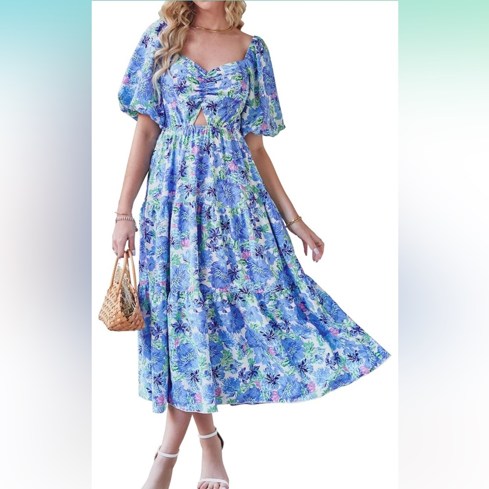 BTFBM Flowy Square Neck Puff Short Sleeve Smocked Back Boho Floral Maxi Dress